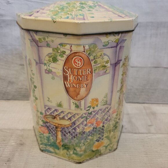 Vintage Sutter Home Winery Decorative Octagonal Tin Container 8" Tall Floral Gar - Picture 5 of 7